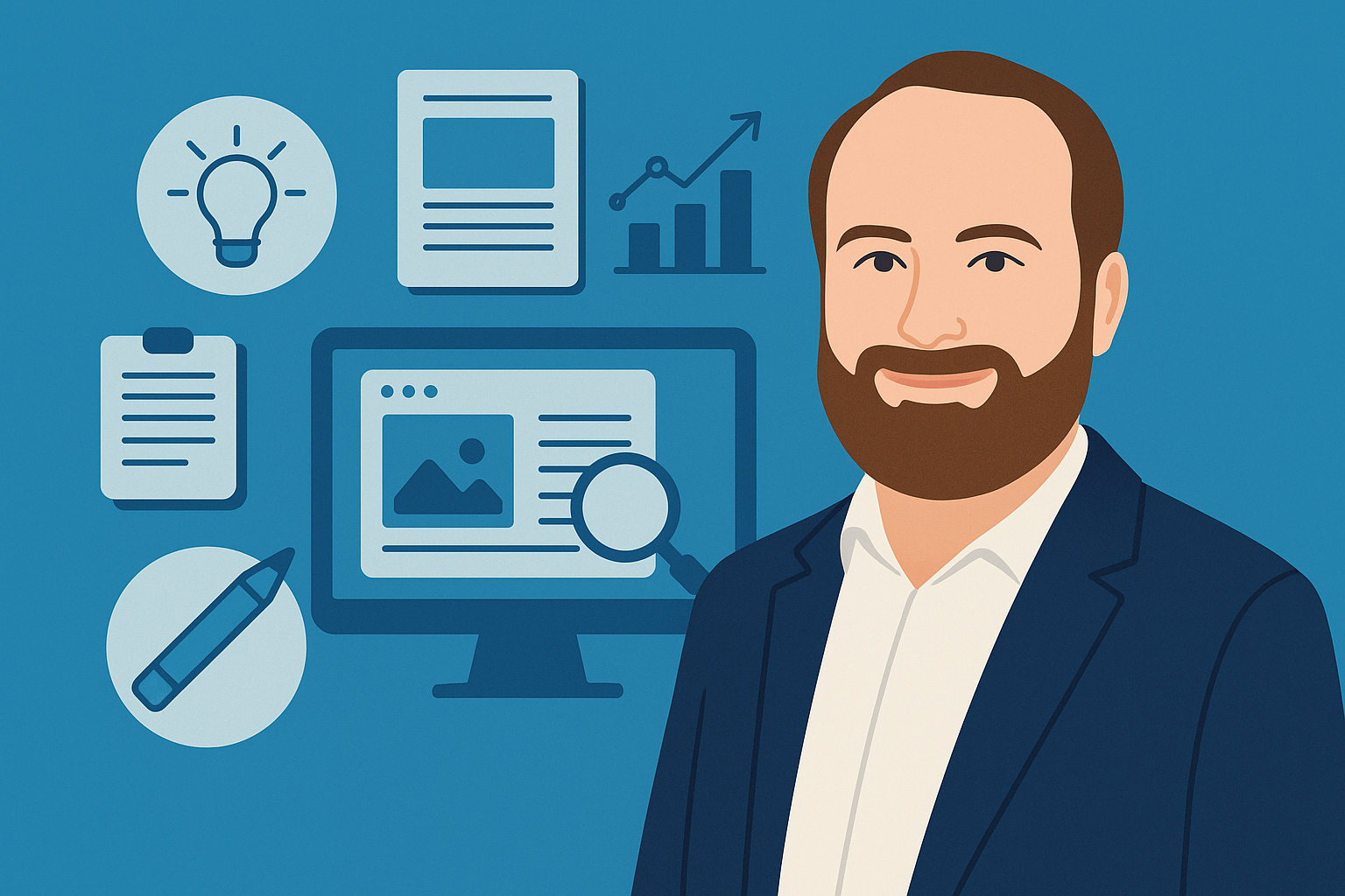 Ein illustratives Zusammenspiel von format:c Geschäftsführer Tobias Weber und Content und Consulting Elementen