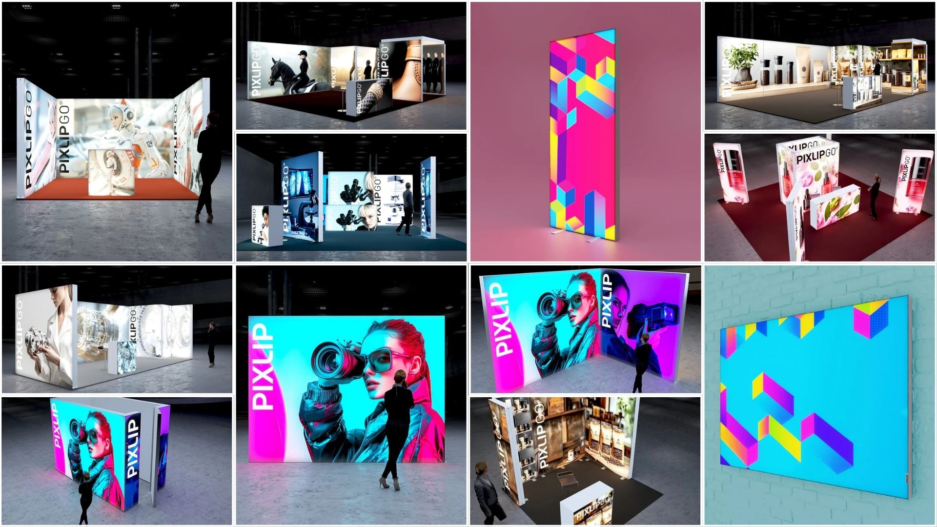 Eine Übersicht des PIXLIP Sortiments mit PIXLIP GO, PIXLIP POP; PIXLIP EXPO, PIXLIP POSTER, PIXLIP FLAT, PIXLIP GO COUNTER